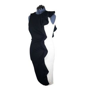 Shoshanna Aventura Colorblock  B&W Ruffle Front Sheath Dress Women's Size 8